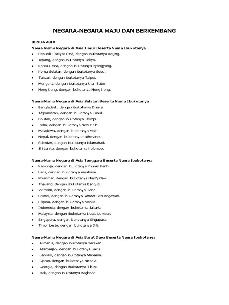 NEGARA Maju Dan Berkembang Beserta Ibukota | PDF