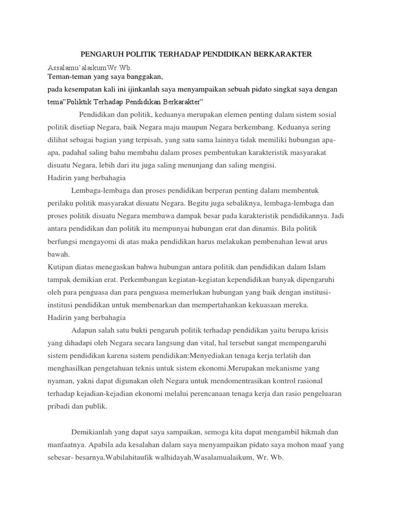 Contoh Teks Pidato Pengaruh Politik Terhadap Pendidikan Berkarakter | PDF