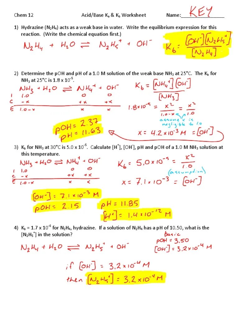 Five acids and five bases for your list, making sure that there are some items on your list that were not mentioned in the lesson. 4b Worksheet Ka Kb Answers Ph Acid