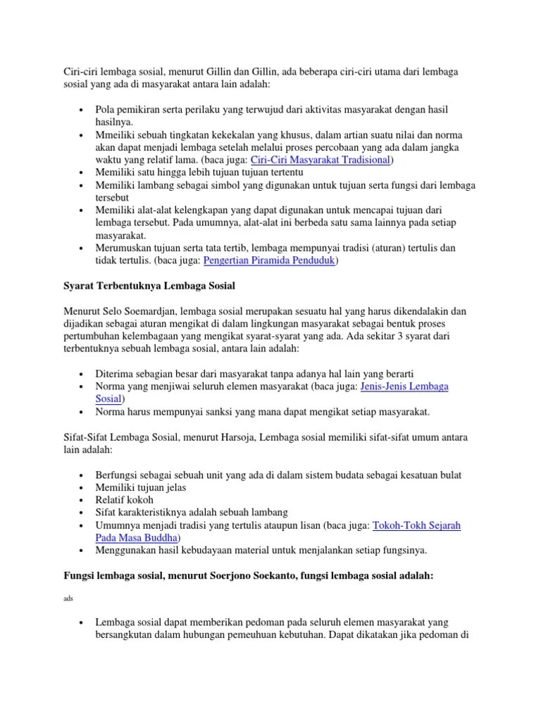 Lembaga sosial, memiliki tradisi tertulis atau tidak tertulis, merumuskan tujuan, ketertiban, dan sebagainya. Ciri Pdf