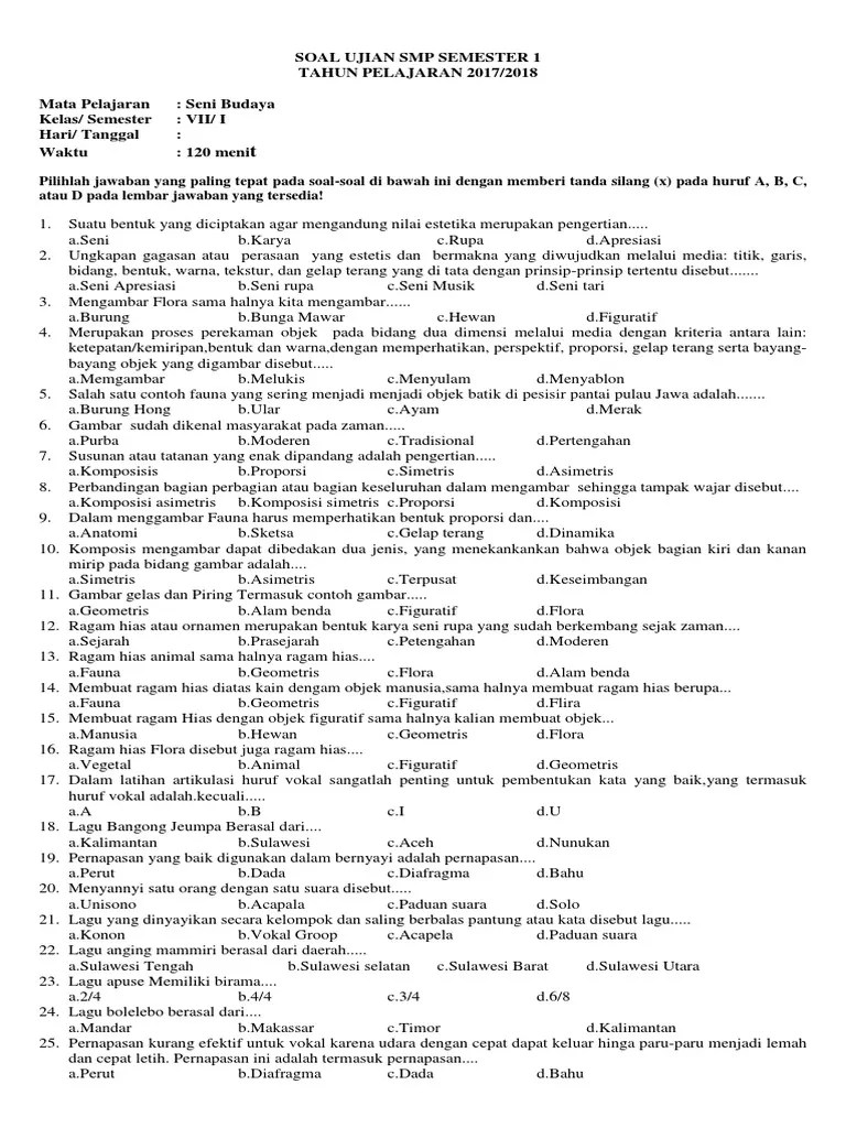 Berikut ini adalah rincian soal uas tik kelas 11 sma/ma semester 2. Contoh Soal Uas Seni Budaya Kelas 7 Semester 1 K13