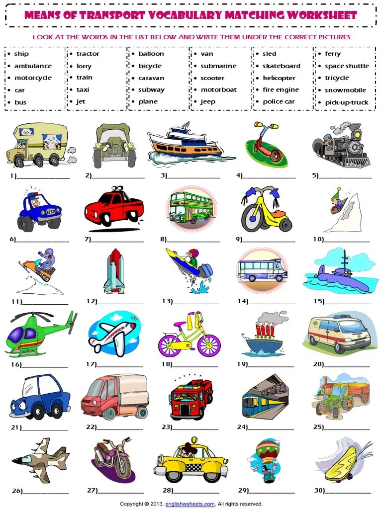 means of transport vocabulary matching exercise worksheetpdf