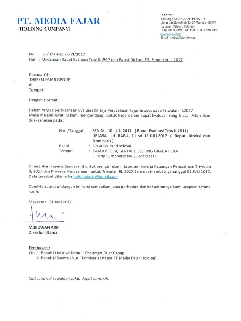 Contoh surat undangan rapat evaluasi kinerja perusahaan. Undangan Rapat Triwulan Rapat Dirkom Pdf