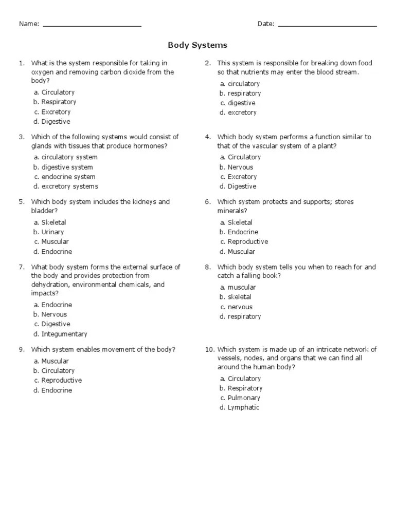 body systems grade 6 free printable tests and