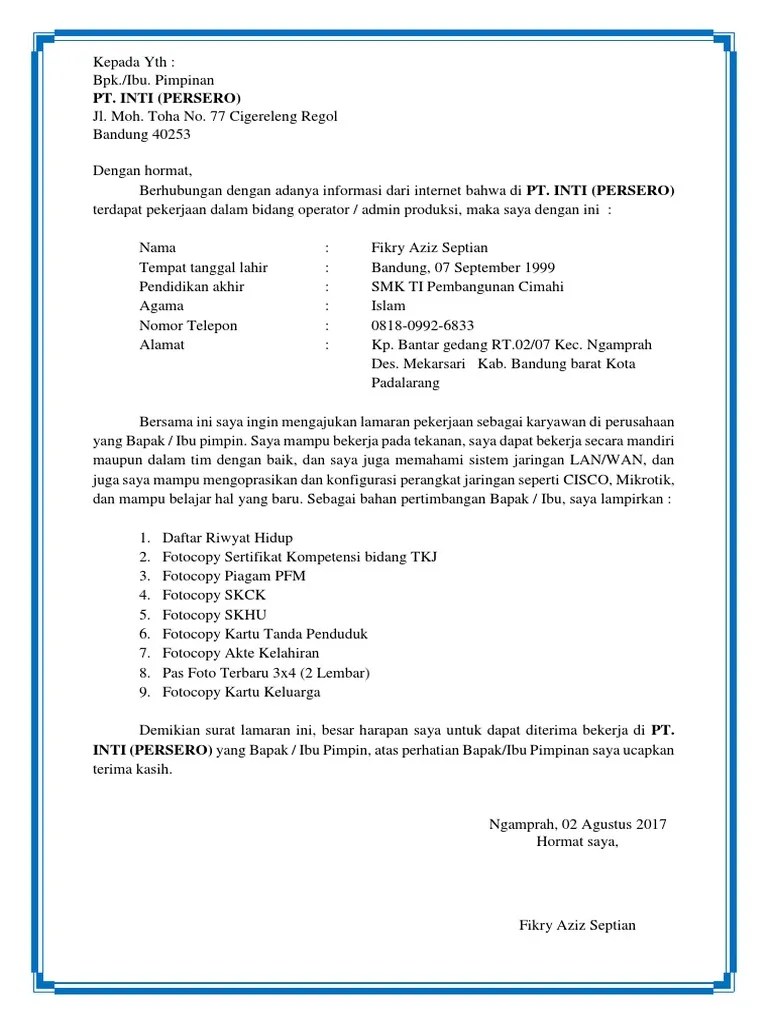 Contoh surat lamaran kerja operator produksi via. Contoh Surat Lamaran Pt Inti Persero Pdf