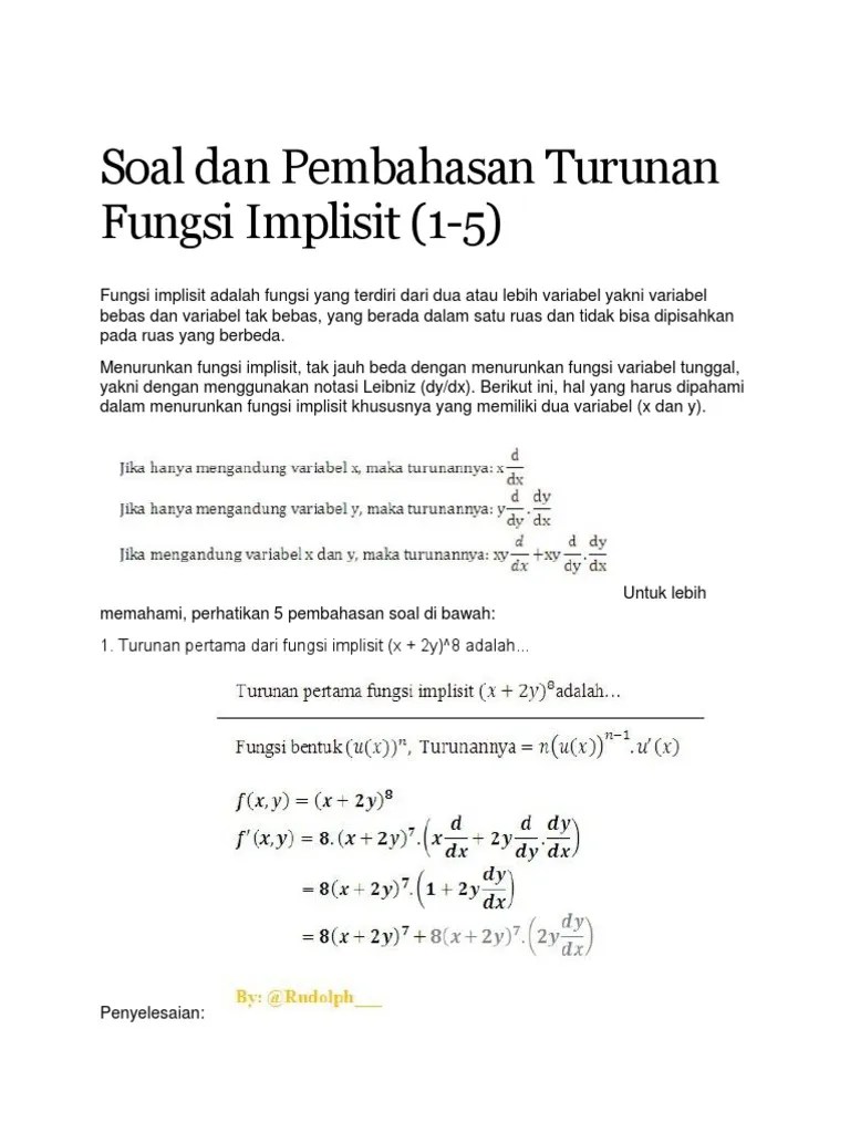 Tapi tidak semua fungsi dapat diubah menjadi bentuk eksplisit. Soal Dan Pembahasan Turunan Fungsi Implisit Pdf