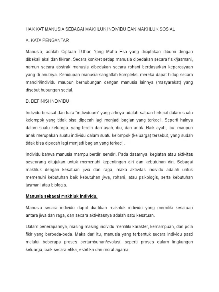 Pengertian Hakikat Manusia Sebagai Makhluk Individu Dan Sosial