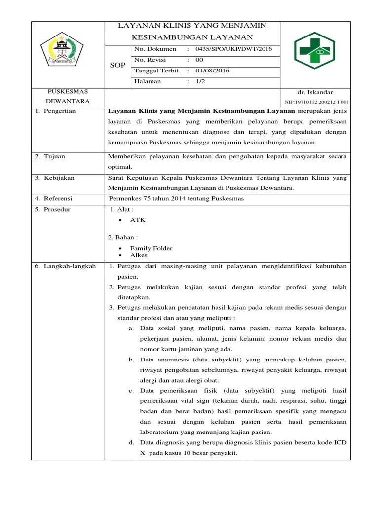 Sop Layanan Klinis Menjamin Kesinambungan | PDF