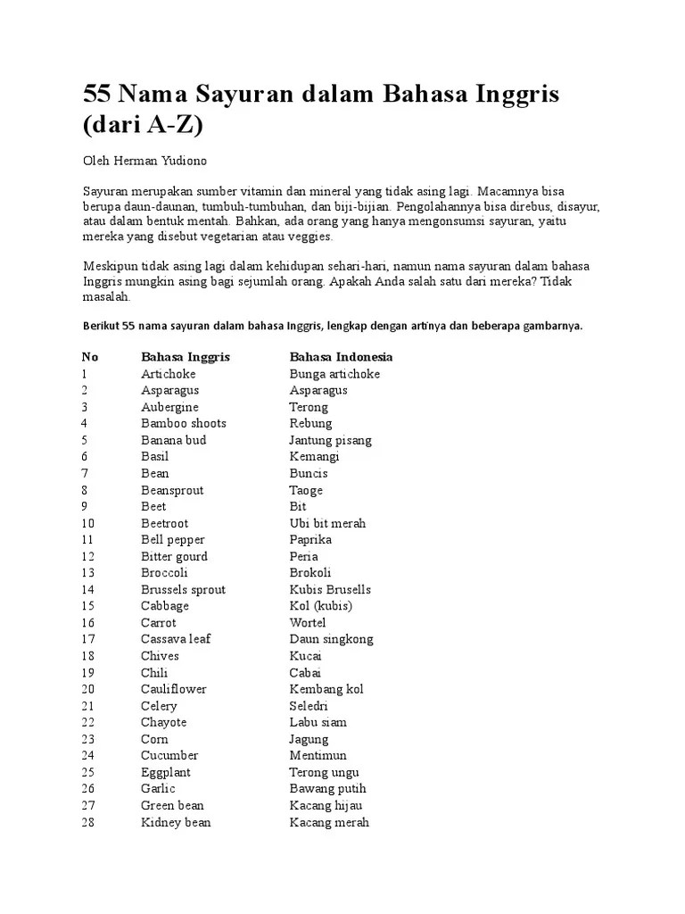 Sayuran Dan Buah Dalam Bahasa Inggris | PDF