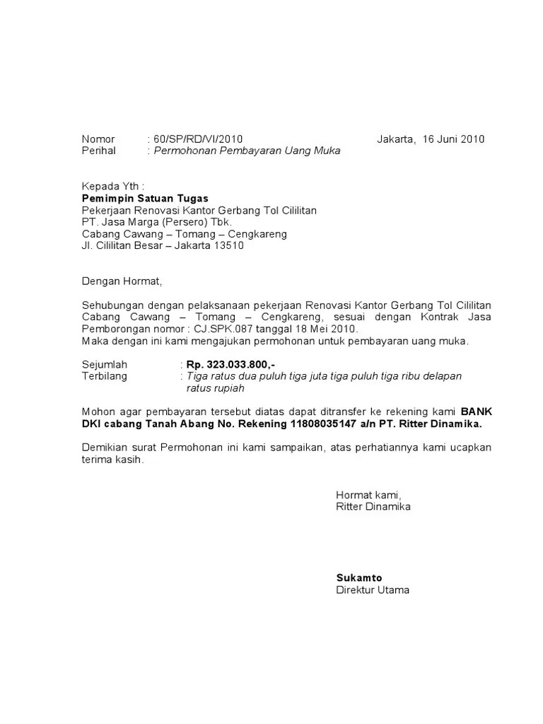 Kelompok keswadayaan masyarakat (kkm) tirta lojok alamat: Surat an UANG MUKA