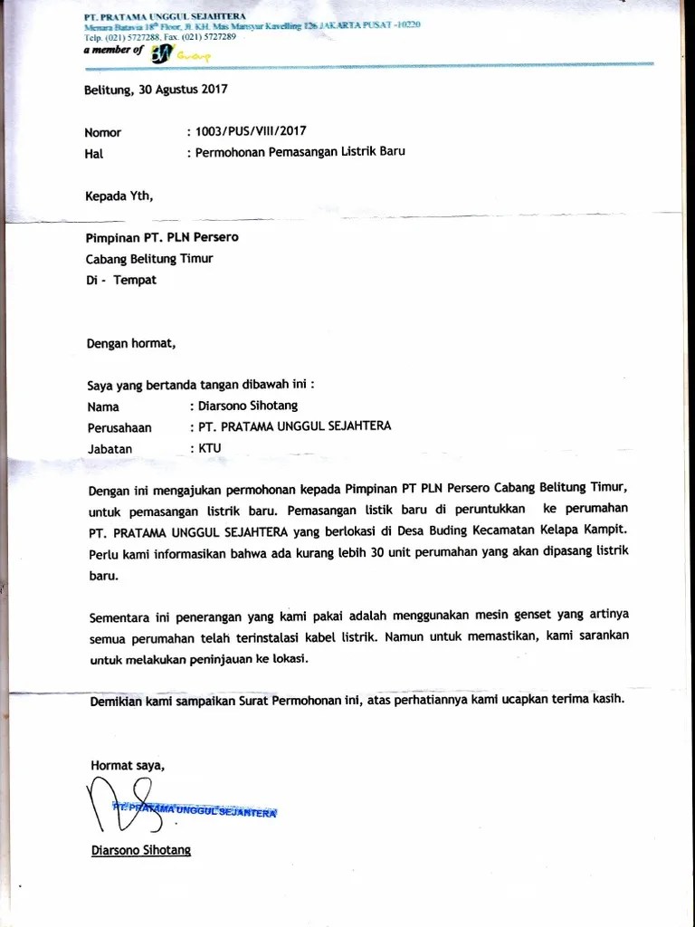Salinan surat pengajuan oleh pondok pesantren (lihat lampiran 2 contoh surat . Permohonan Pemasangan Listrik Baru Pdf Pdf