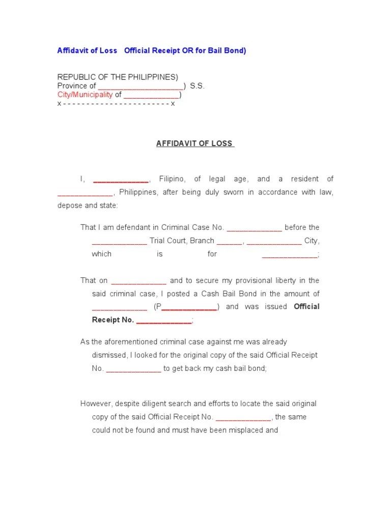 affidavit of loss official receipt or for bail bond