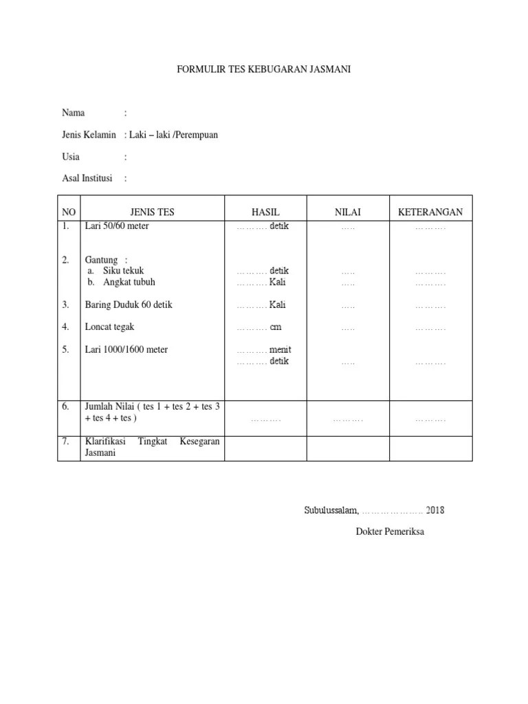 Formulir Tes Kebugaran Jasmani | PDF