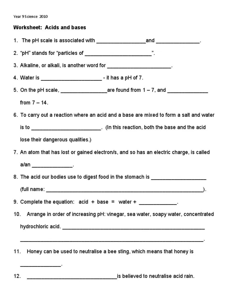 acids and bases worksheet yr 9 science