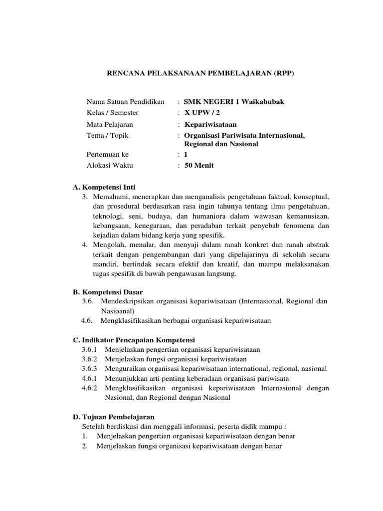 Jenis dan cirri produk serta objek wisata . Kepariwisataan Rpp 3 6 Organisasi Kepariwisataan 50 Menit Pdf