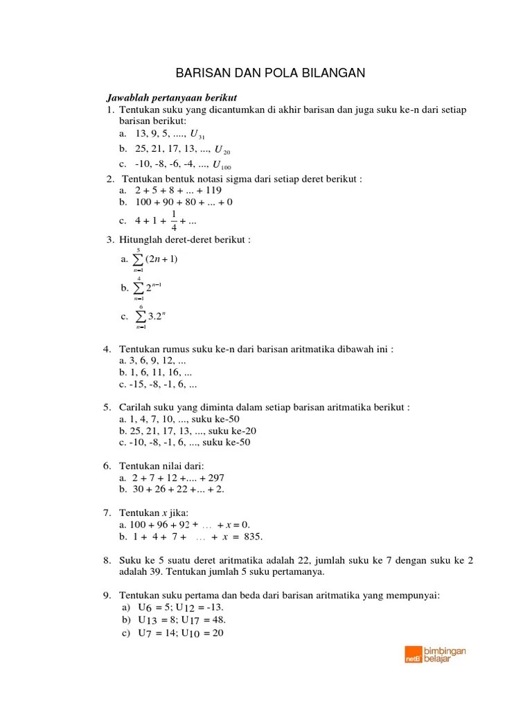 Latihan Soal Barisan Dan Pola Bilangan Kelas 11 SMA | PDF