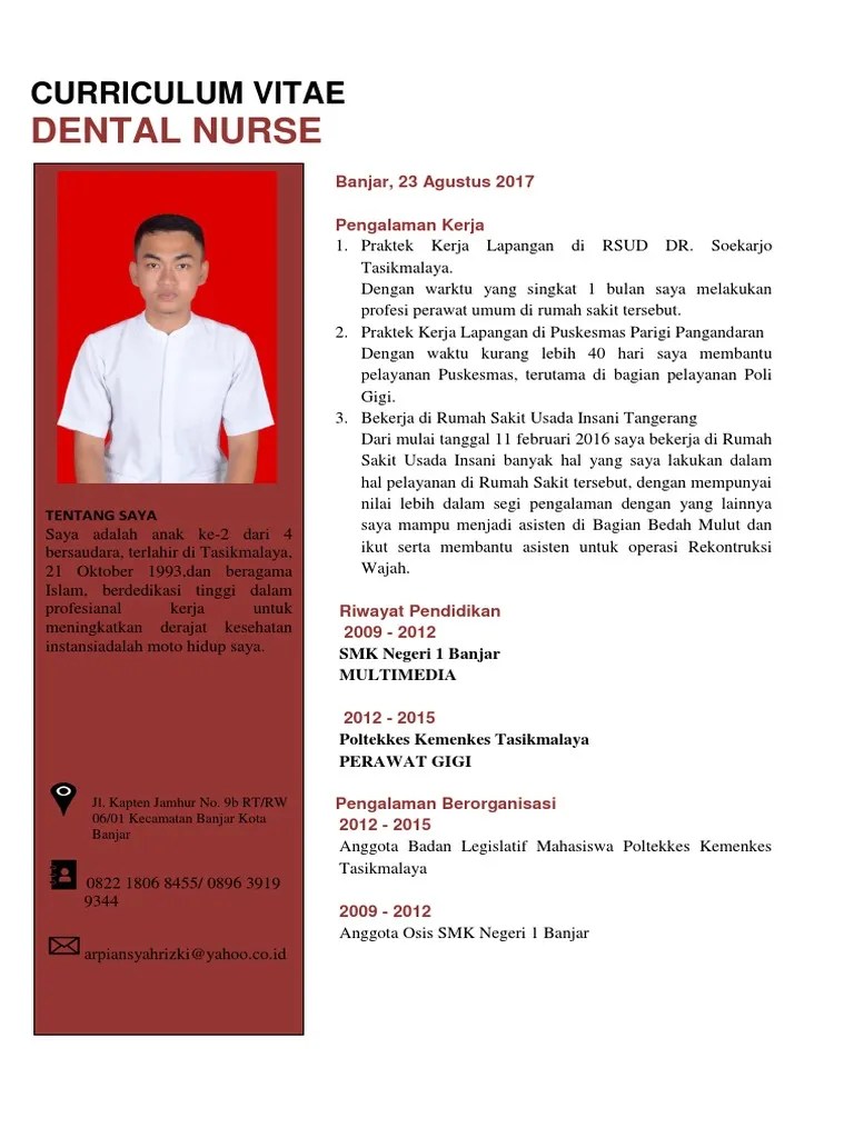 45+ contoh surat lamaran kerja perawat s1 ners. Cv Rizki Arpiansyah D3 Perawat Gigi Pdf
