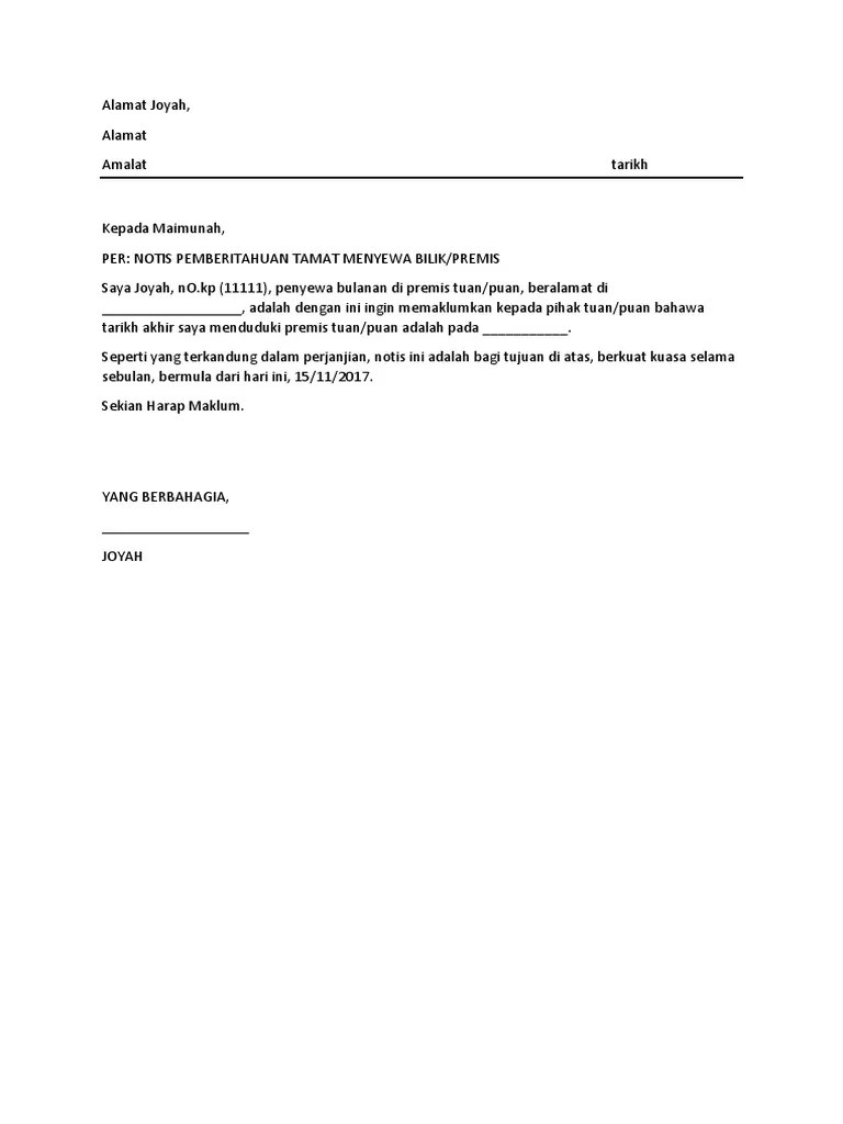 Contoh surat rasmi yang digunakan ketika . Contoh Notis Pemberitahuan Tamat Sewa Pdf