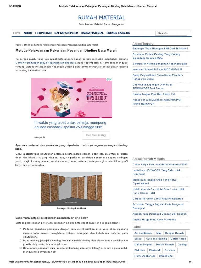 Metode Pelaksanaan Pekerjaan Pasangan Dinding Bata Merah - Rumah Material |  PDF