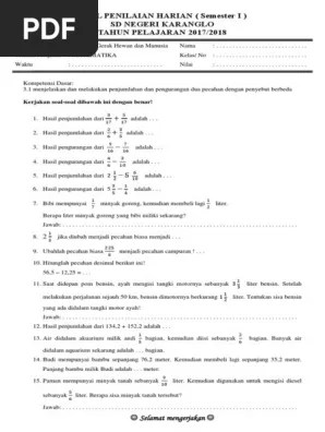 Soal penilaian harian (ph) kelas 5 tema 1 lengkap tahun 2021. Soal Penilaian Harian Kelas 5 Semester 1 Tema 1 Muatan Matematika Pdf