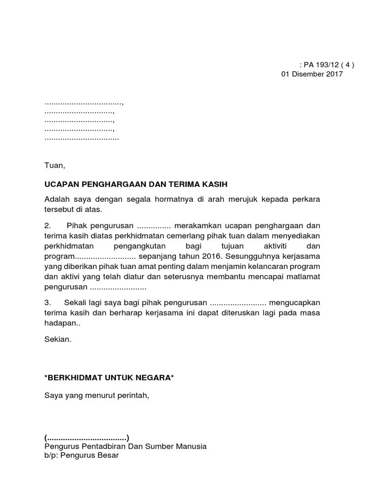 Segala jasa dan kerjasama dari pihak tuan amatlah saya hargai. Contoh Surat Penghargaan Pdf