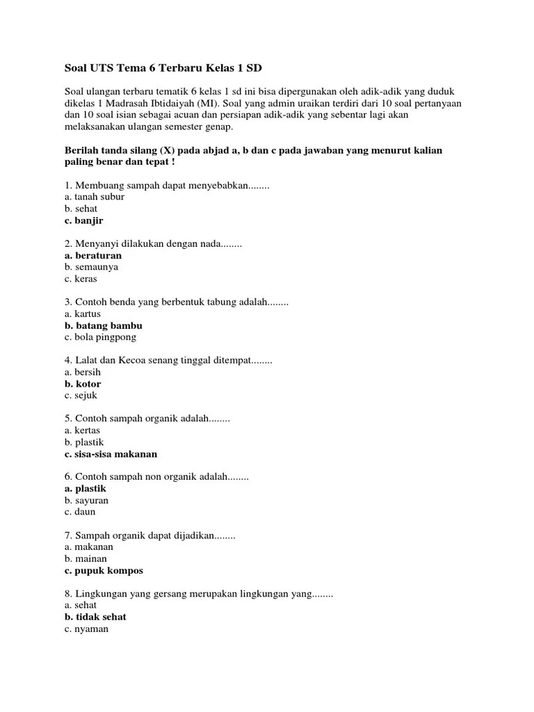 Soal UTS Tema 6 Terbaru Kelas 1 SD | PDF
