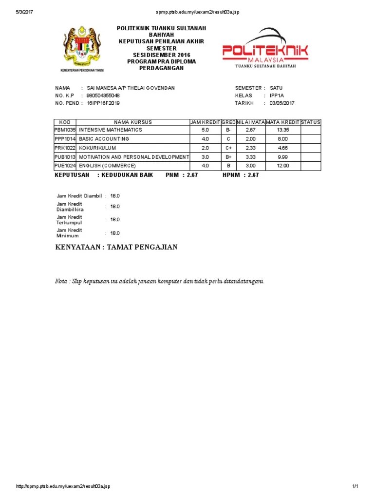 Pendaftaran pelajar baru sarjana muda. Spmp Ptsb Edu My Uexam2 Result03a Pdf