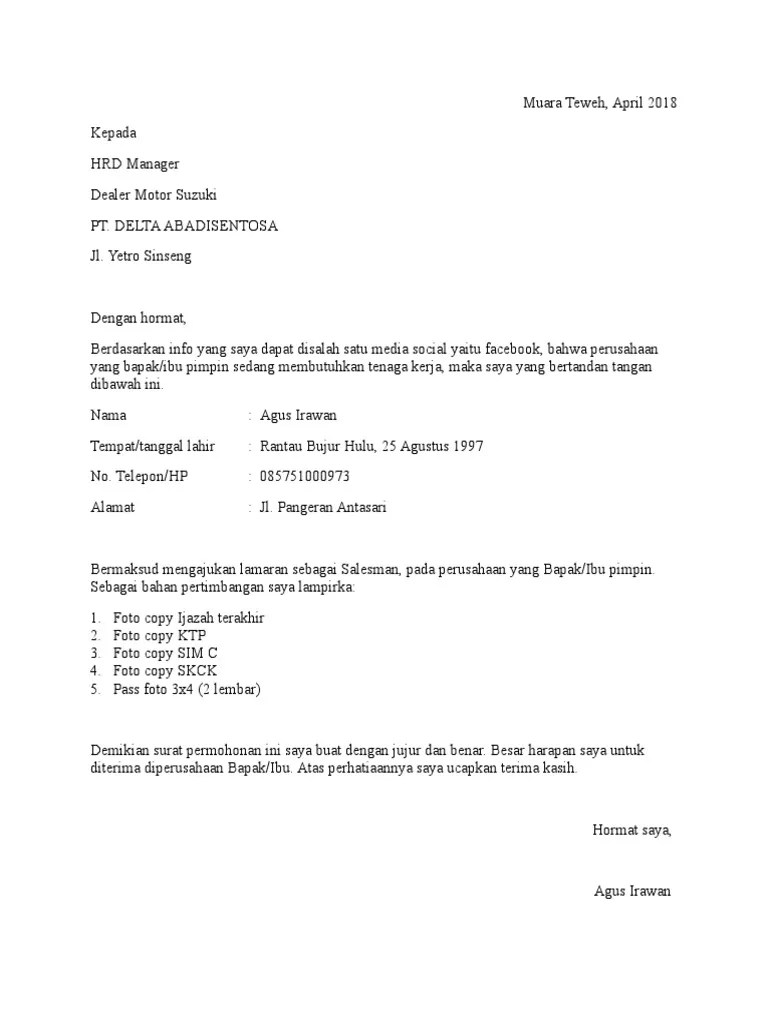 Dealer motor yang sering membuka lowongan kerja adalah dealer motor honda (astra honda, honda jaya . Surat Lamaran Kerja Di Dealer Contoh Surat Lamaran