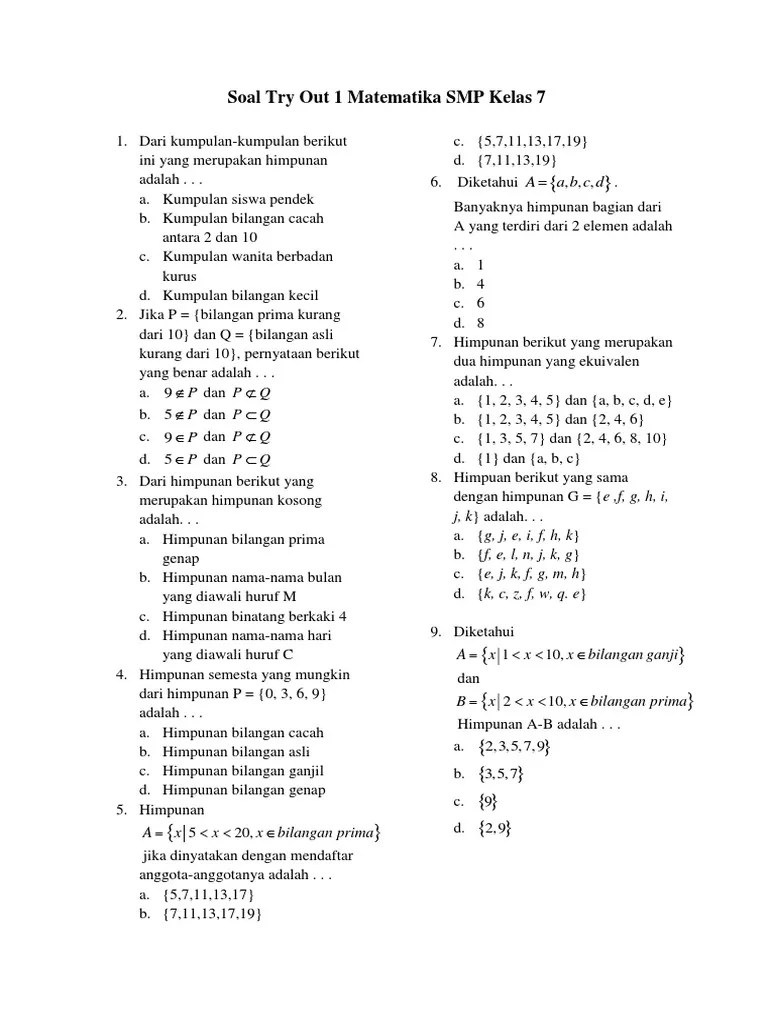 Latihan soal utbk lengkap dengan pembahasan yang mudah dipahami. Soal Try Out 1 Matematika Smp Kelas 7 Pdf