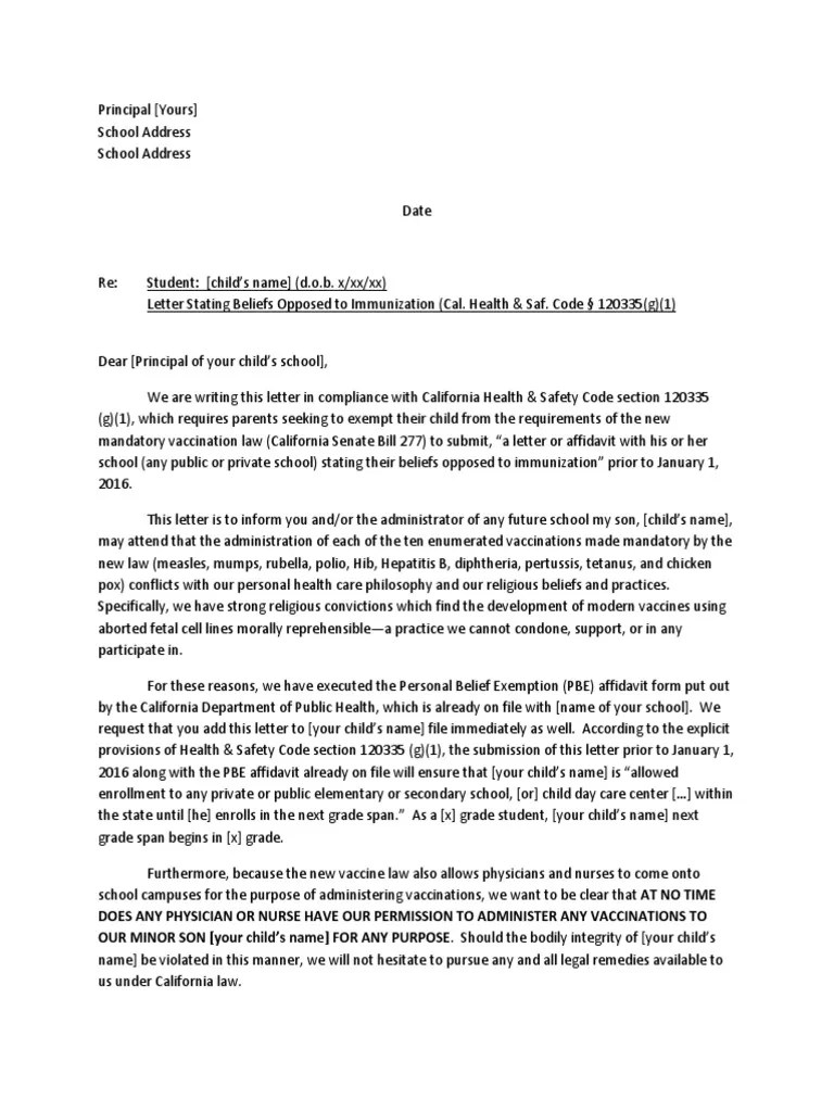 Forbade him by reason, a conscientious exemption form style letters every vaccine up against the. SB277- Sample Exemption Letter to Schools-1.docx ...