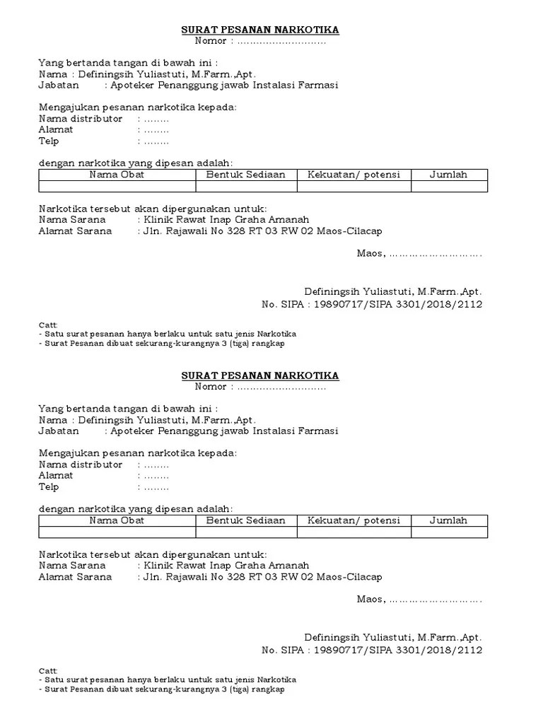 8 contoh surat pesanan barang obat jasa dan berbagai keperluan. Contoh Surat Pesanan Obat Narkotika Dan Psikotropika