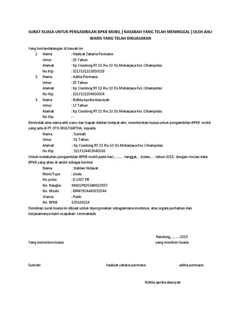 Yang bertanda tangan di bawah ini · 2. Surat Kuasa Untuk Pengambilan Bpkb Mobil Pdf