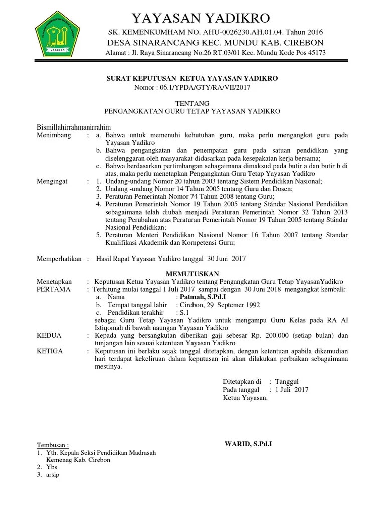 Surat keputusan penetapan penerima tunjangan profesi adalah surat. Contoh Sk Perpanjangan Guru Tetap Yayasan - Guru Paud