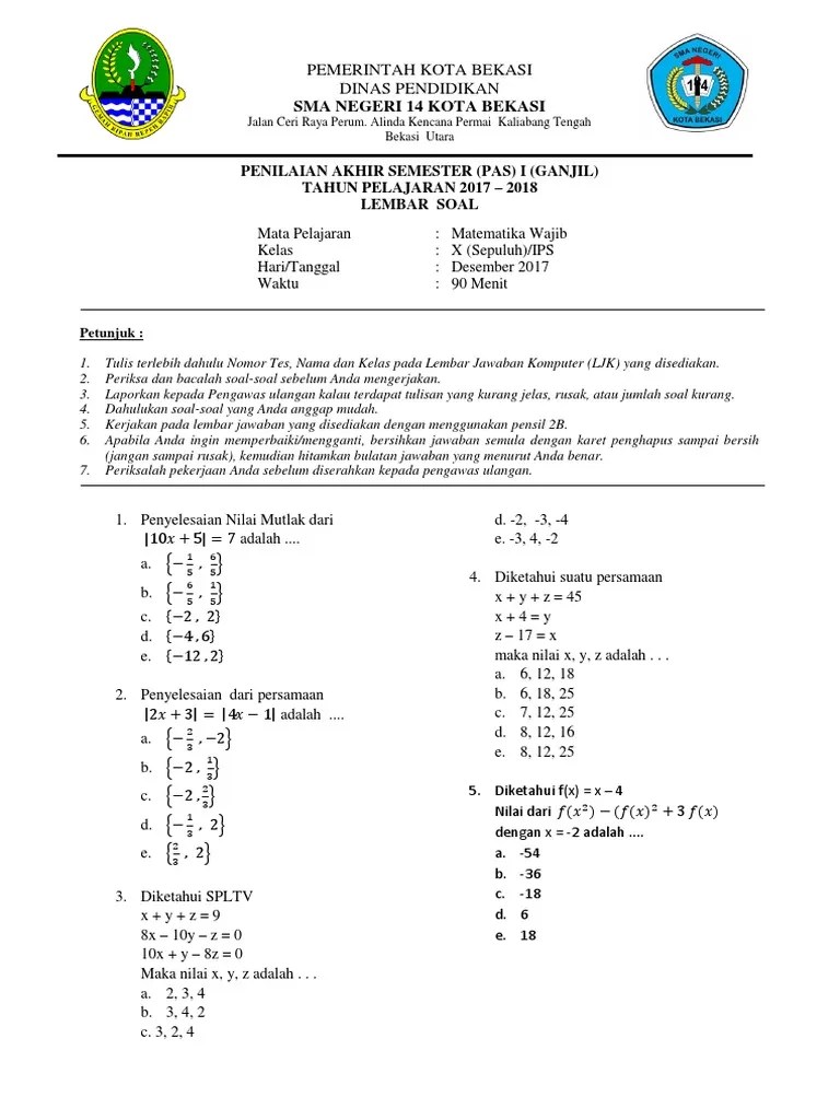 Id soal pas matematika kelas 6 sd semester 1. Soal Pas Mtk W Ganjil 2017