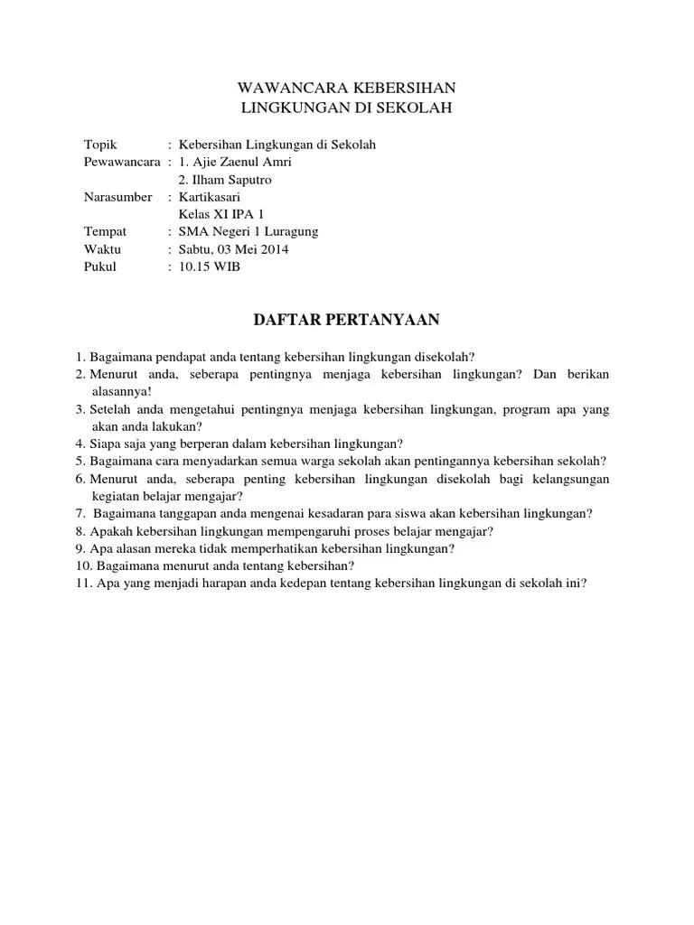 Teks diskusi yang berjudul ''kebersihan lingkungan. Wawancara Kebersihan Pdf