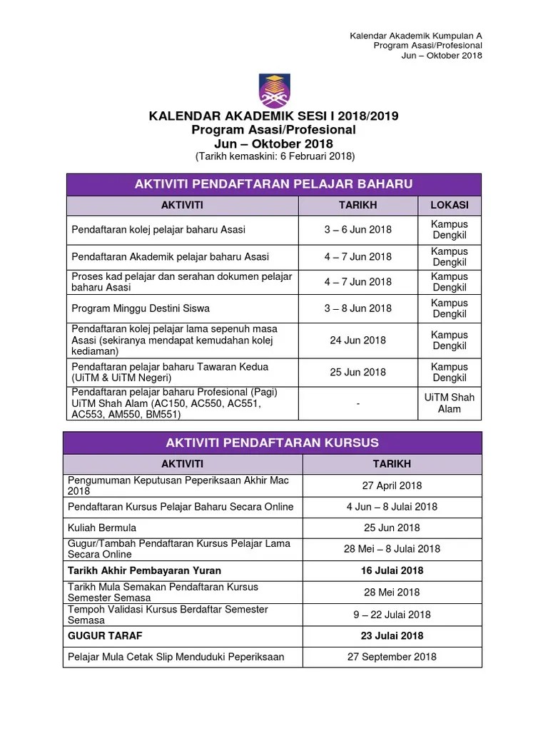 Kalendar akademik sesi 2019/2020 yang telah diluluskan oleh senat pada 18 januari 2019. Asasi Uitm 20182019 Pdf
