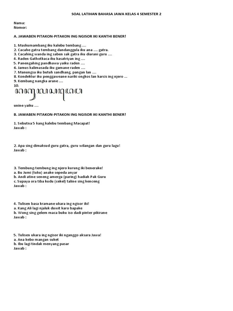 Ing ngisor iki tuladhane tembang dolanan, . Soal Latihan Bahasa Jawa Kelas 4 Semester 2 Pdf