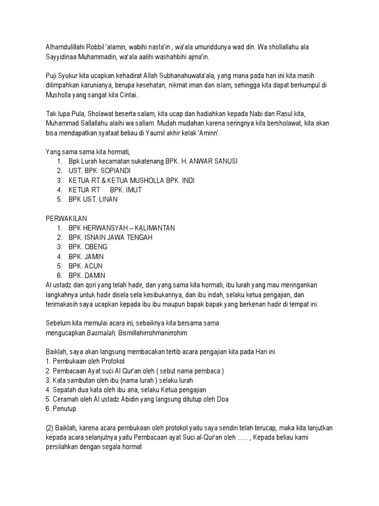 Contoh Teks Pembawa Acara Pengajian Yang Baik Dan Benar | PDF