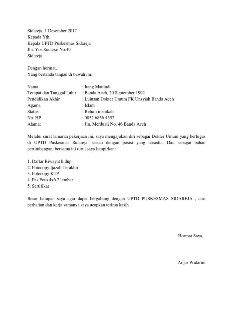 Contoh surat lamaran kerja masuk puskesmas surat pimpinan kebidanan : Surat Lamaran Kerja Sebagai Dokter Umum