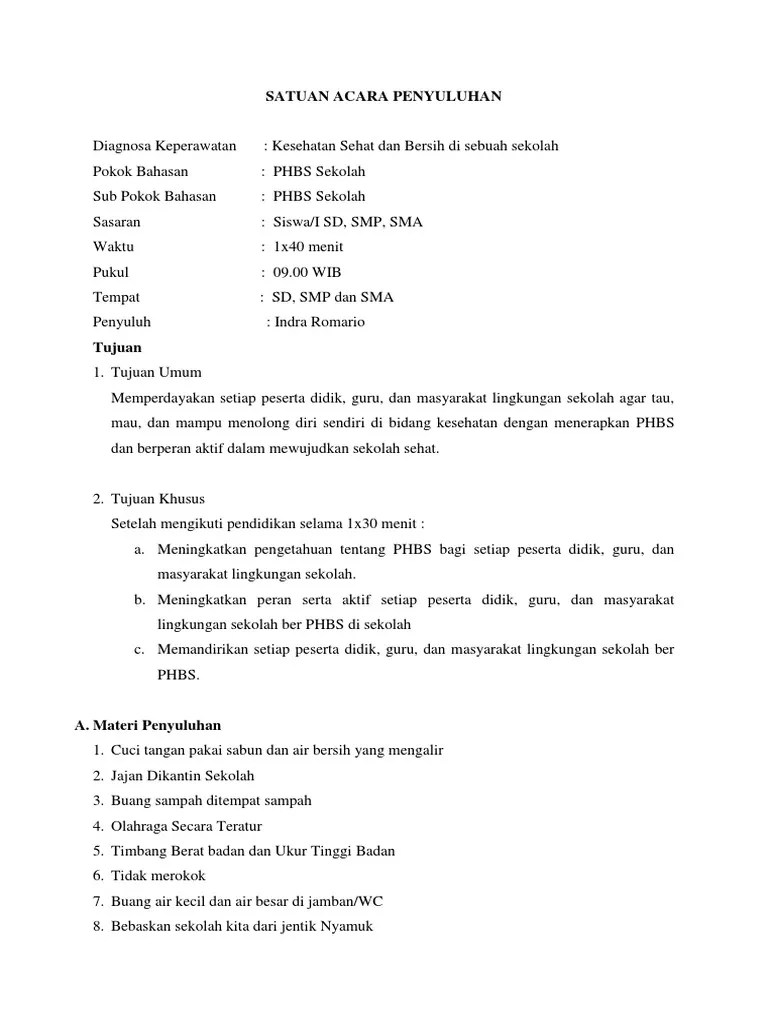 Satuan Acara Penyuluhan PHBS Sekolah | PDF