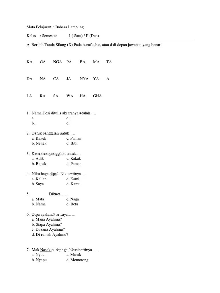 Soal Uts Bahasa Lampung Kls 1 SMSTR 2 | PDF
