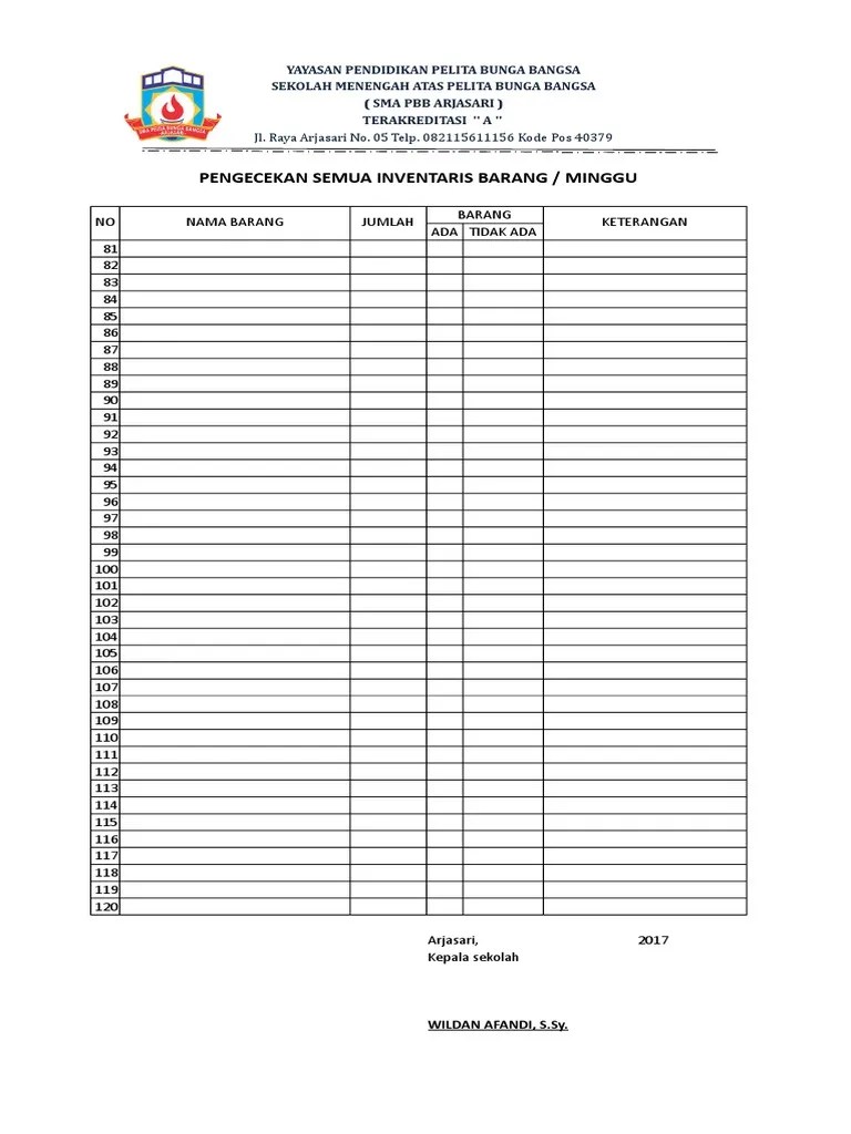 Download format laporan inventaris barang format excel ini dibagikan secara gratis untuk pengelola aset sekolah jenjang sd smp sma smk ma mts dan mi. Format Pengecekan Inventaris Barang