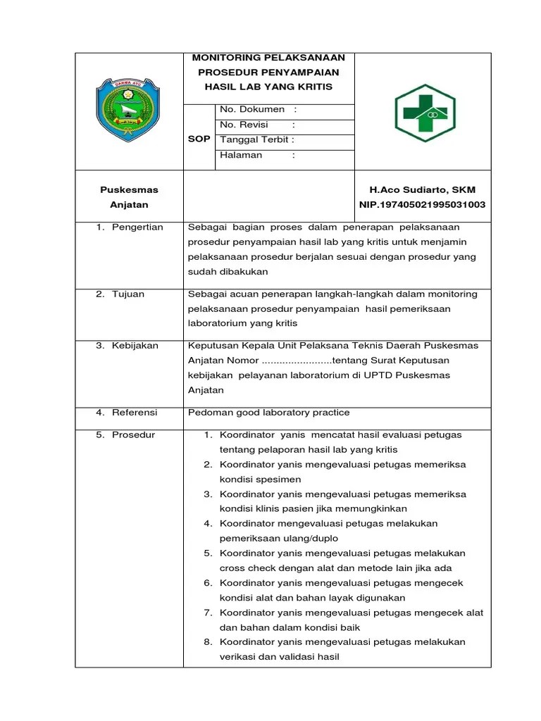 Untuk menilai hasil atau capaian . Sop Monitoring Pelaksanaan Prosedur Penyampaian Hasil Lab Yang Kritis Pdf