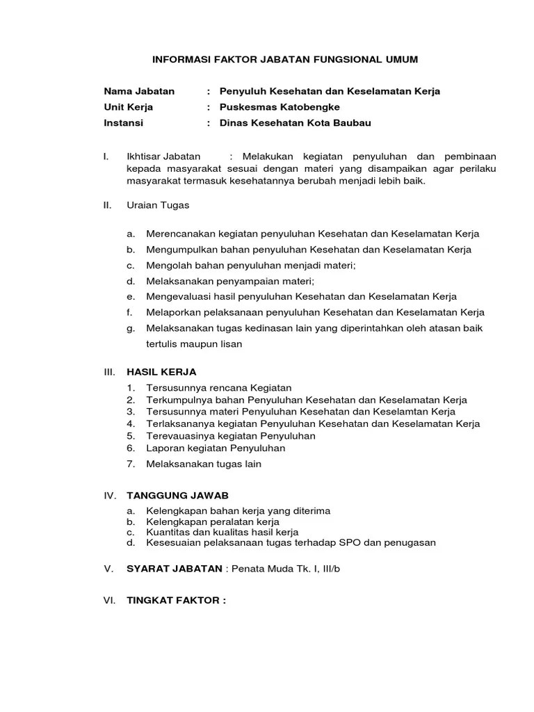 Informasi Faktor Jabatan Penyuluh Kesehatan Dan Keselamatan Kerja | PDF
