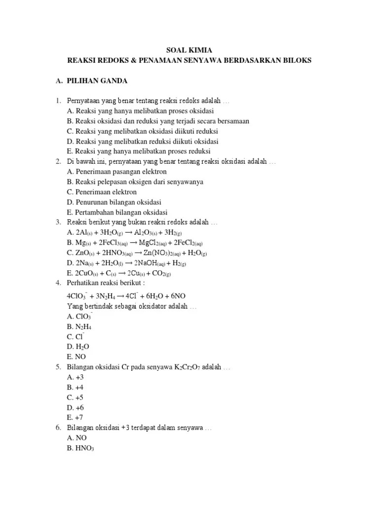 Soal Kimia - Reaksi Redoks &amp; Penamaan Senyawa Berdasarkan Biloks | PDF