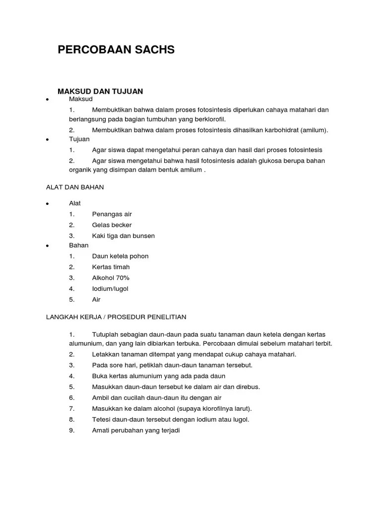 Fotosintesis dengan percobaan uji sachs dan diambil dari buku. Percobaan Sachs Pdf