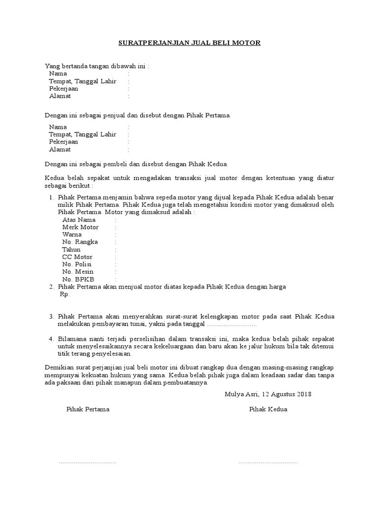 Download contoh surat perjanjian jual beli yang efektif dan sesuai aturan. Contoh Surat Jual Beli Motor