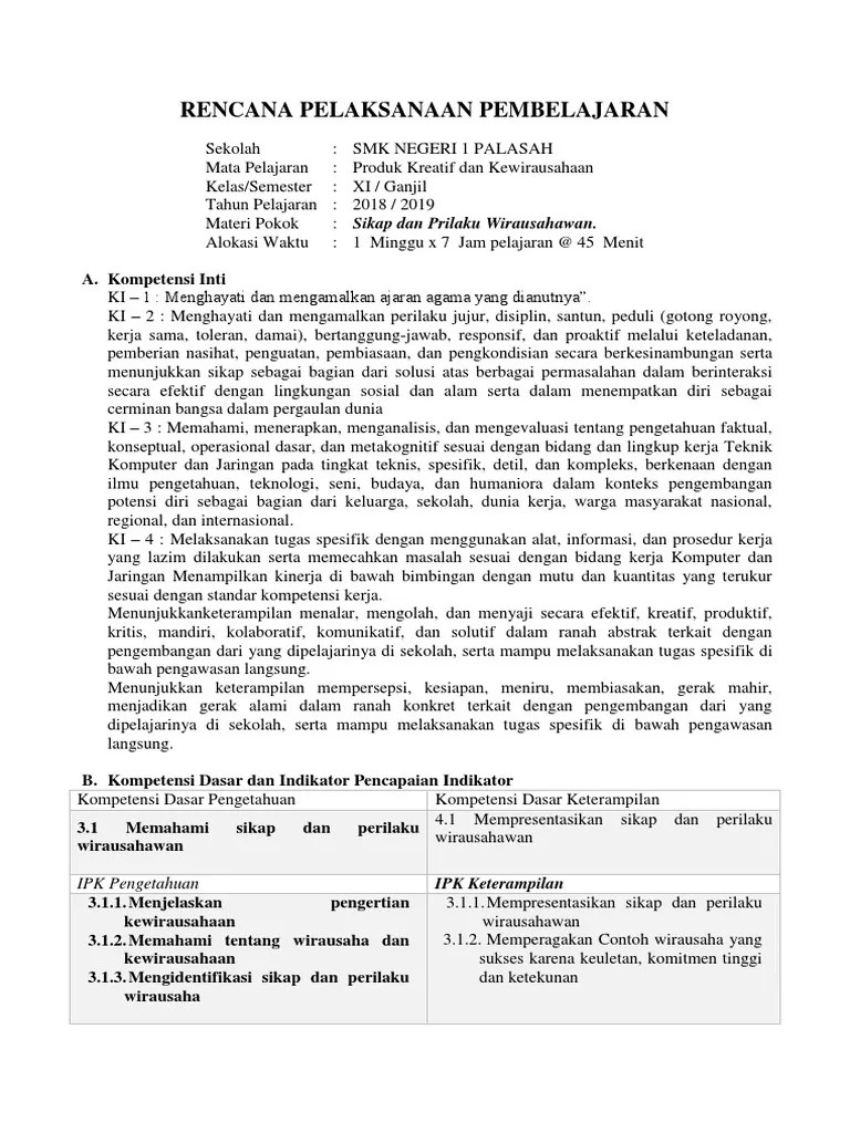 Produk kreatif dan kewirausahaan kelas / semester : Rpp Produk Kreatif Dan Kewirausahaan Kd 3 1 Sikap Dan Prilaku Wirausaha Pdf