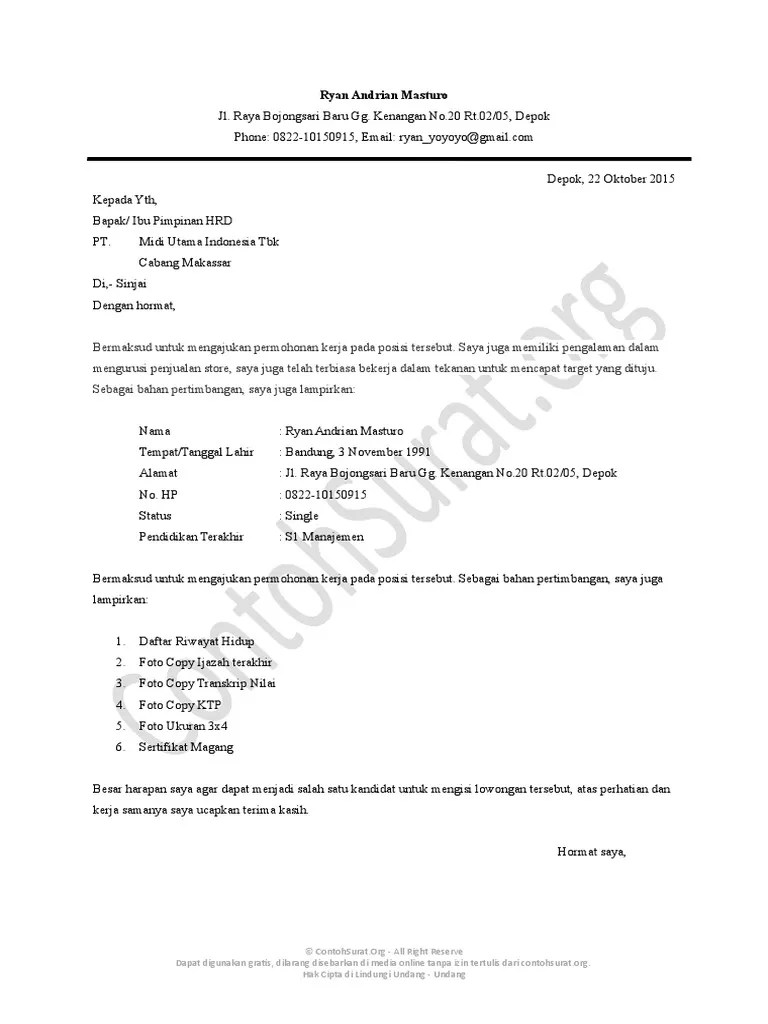Foto copy ijazah ter akhir yang dilegalisir. Contoh Surat Lamaran Kerja Alfamidi 1 Pdf