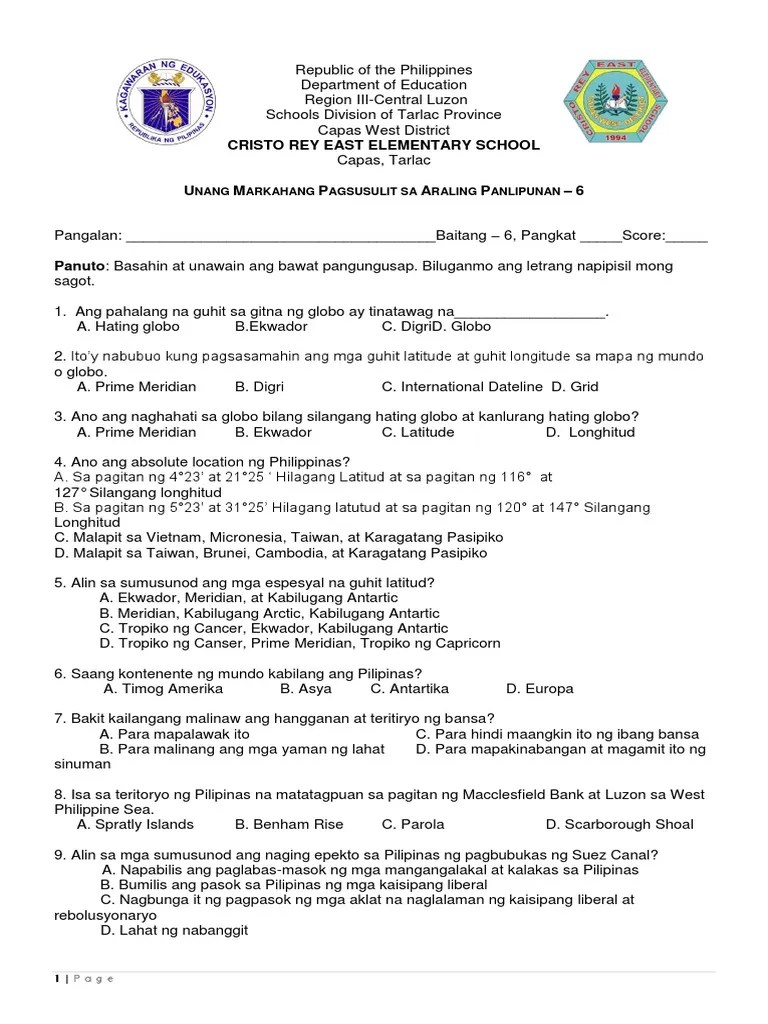 unang markahang pagsusulit sa araling panlipunan6 1atl